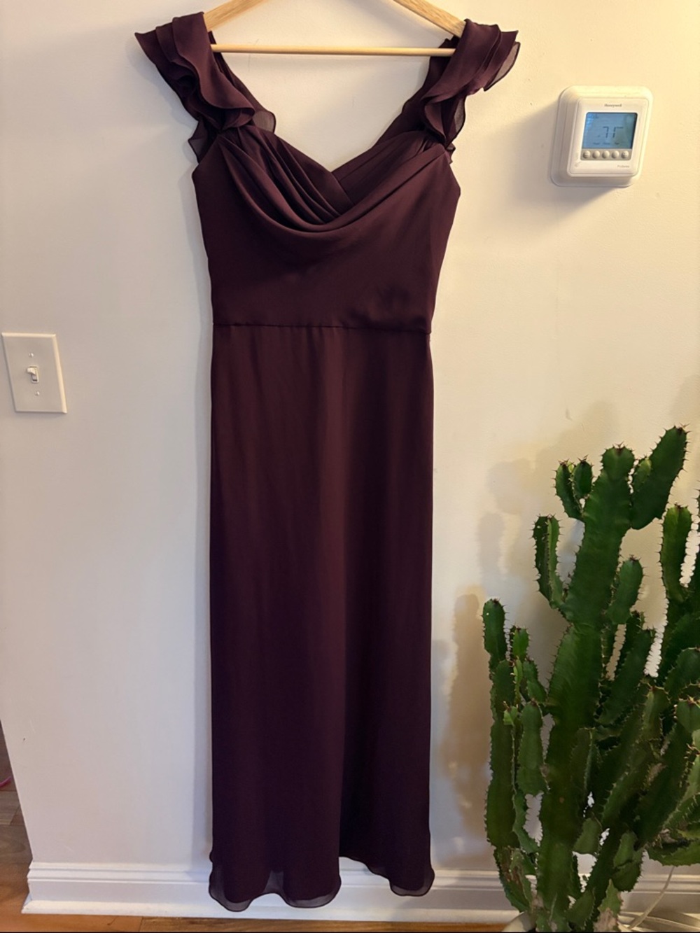 Ruffled Shoulder Maxi Dress in Deep Plum